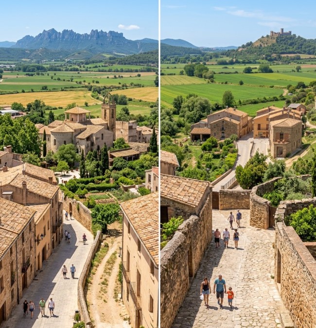 Vistas de las zonas arboladas, la arquitectura monumental de Sant Benet y la imponente naturaleza del Pla de Bages